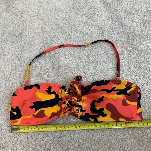 Malibu dream girl orange camo eyelet Lace-up bandeau bikini top Sz S NWOT - Picture 11 of 12